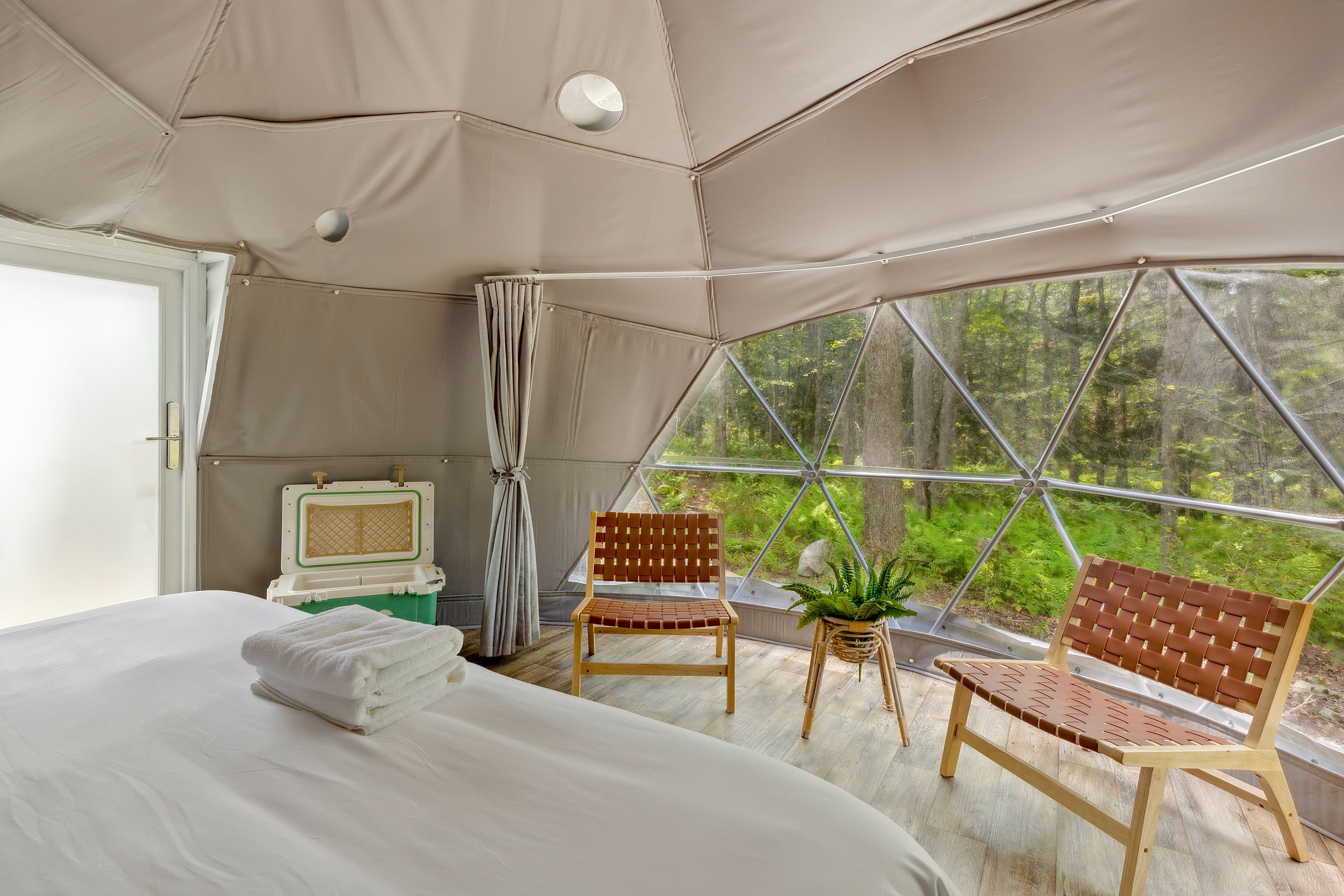 Inside a Ferncrest dome with a king bed, woven chairs, and forest views through the window