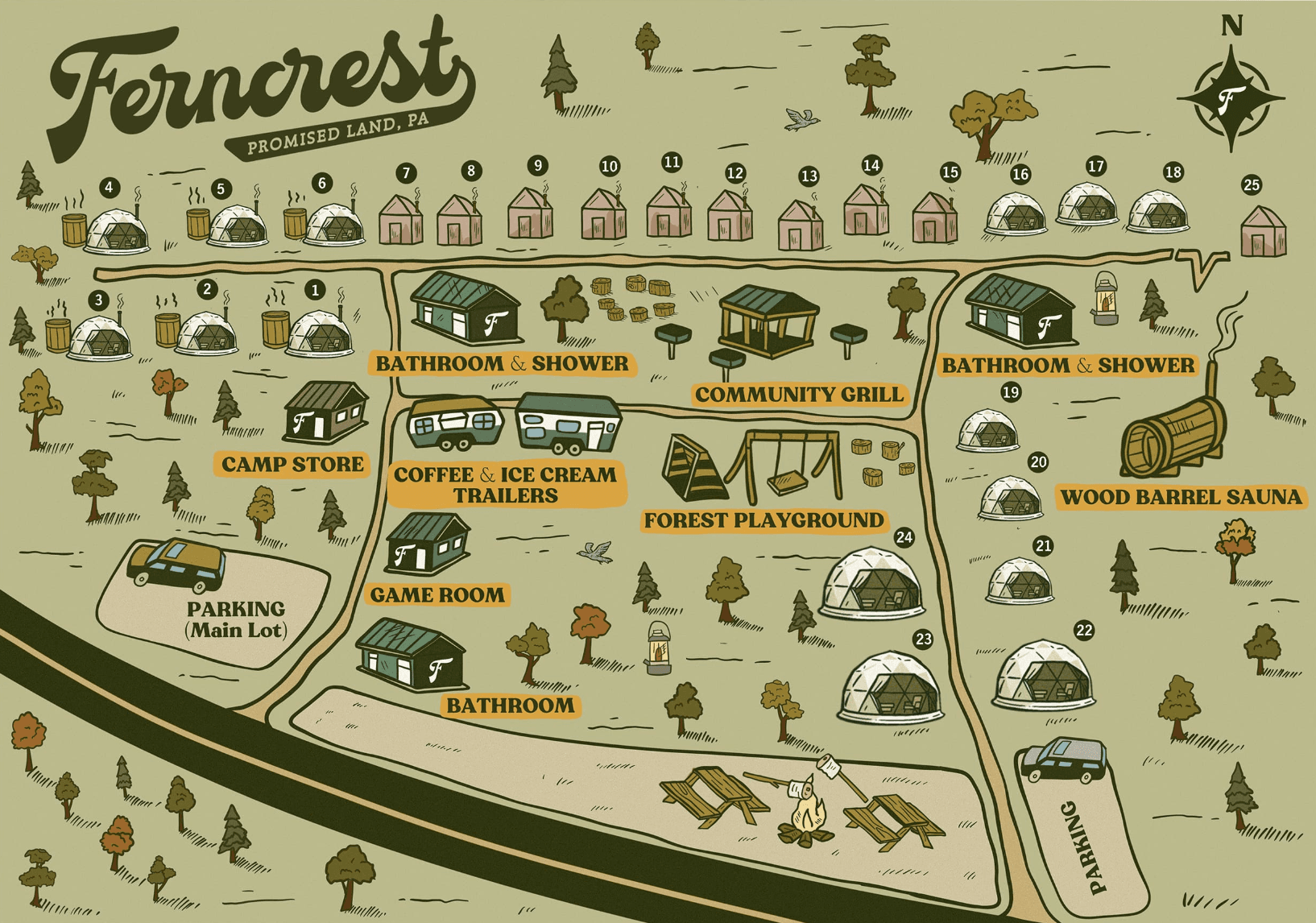 Illustrated map of Ferncrest Promised Land showing domes, bathhouses, game room, playground, and parking