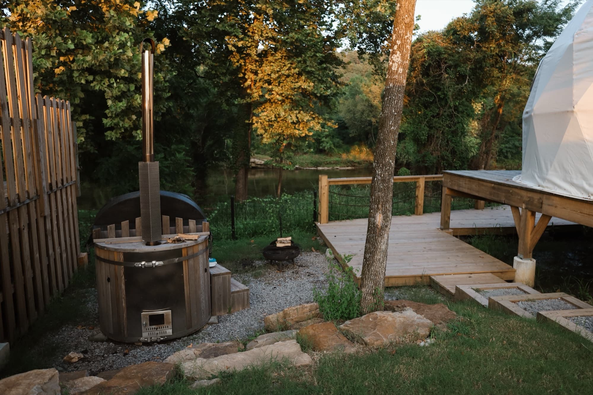 Dome exterior with hot tub at Ferncrest Chambers Creek
