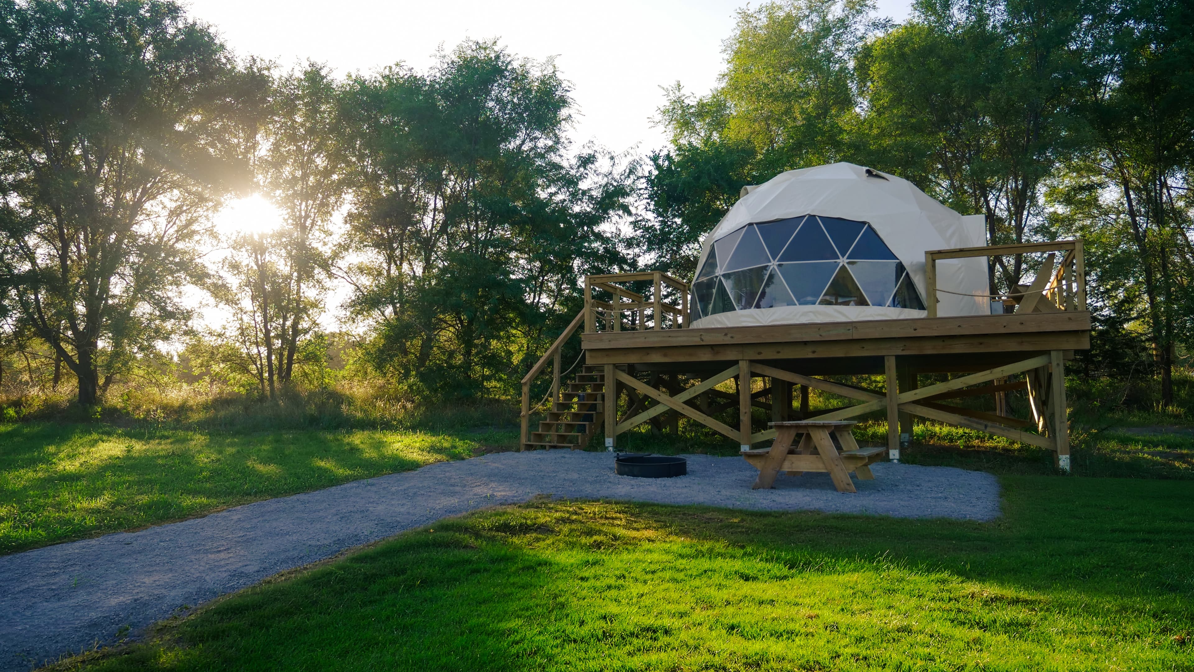 A Classic Dome on its raised deck among the cottonwoods