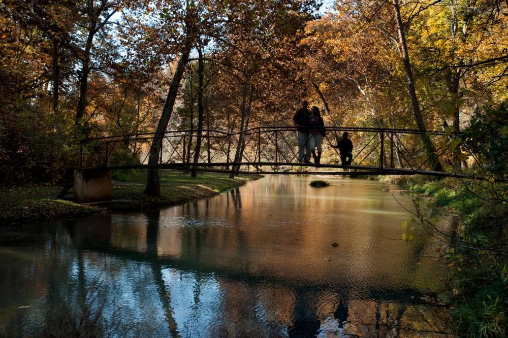 Footbridge over the creek at Natural Falls State Park, framed by fall color